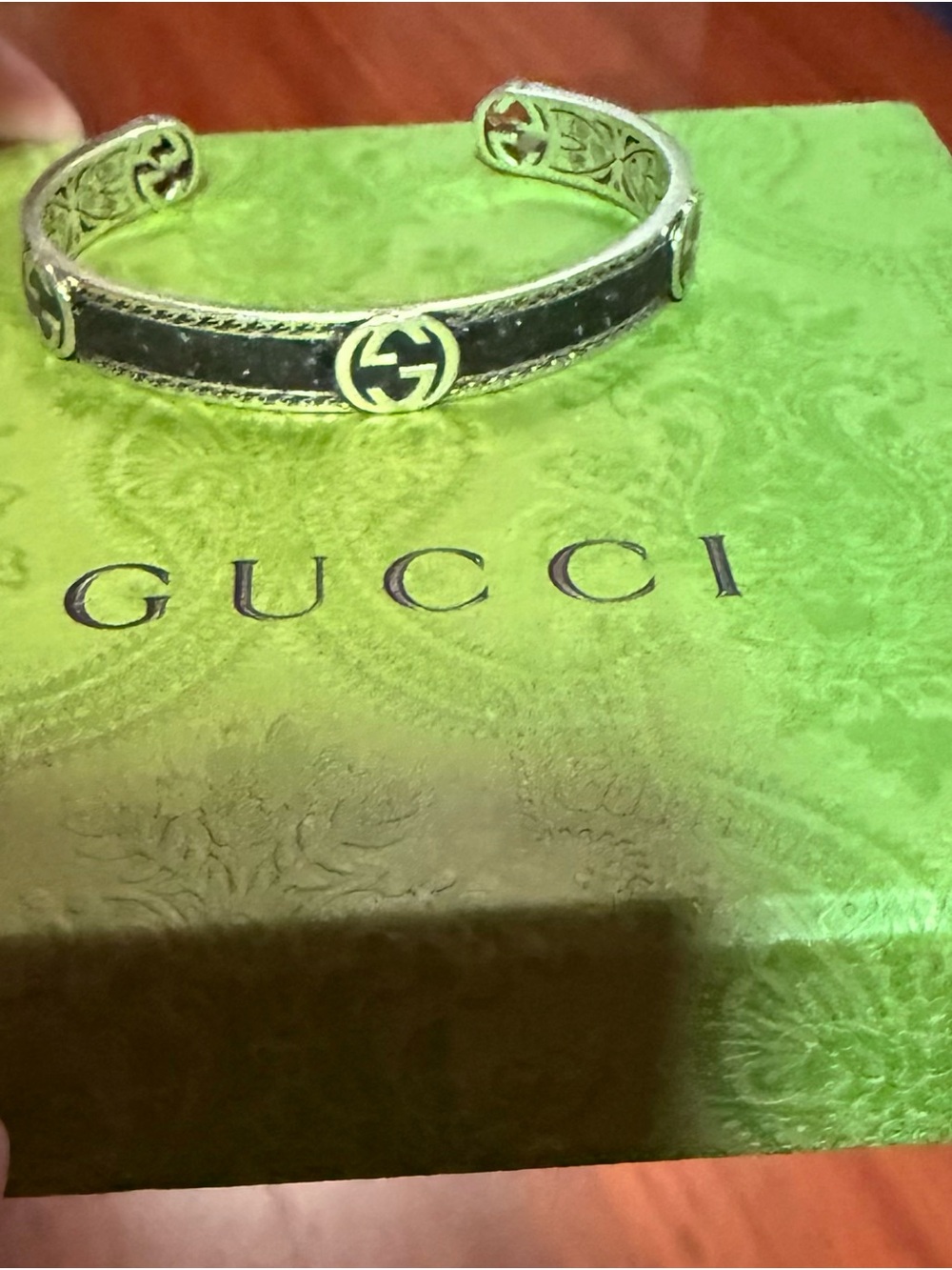 Gucci Black and Silver Interlocking G Open Cuff Bracelet